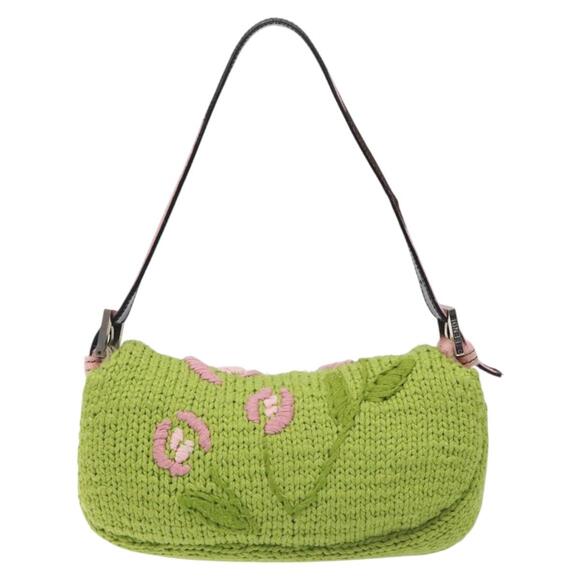 FENDI Mamma Baguette Shoulder Bag Wool Green Silver - Picture 3 of 13